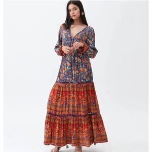 Womens V-neck Bohemian Fashion Hippie Floral Print Button Front Maxi Dress Sz S
